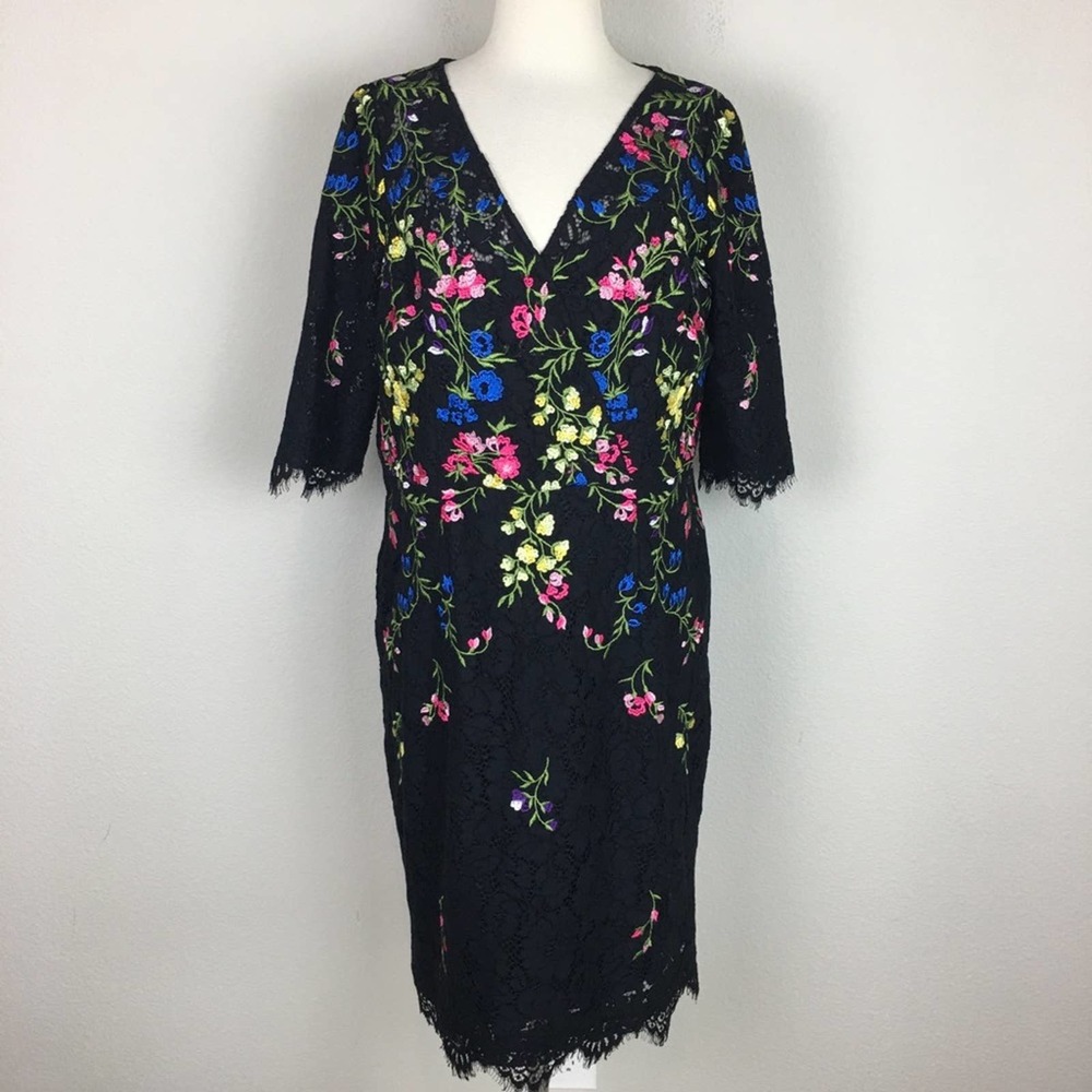 Rickie Freeman Teri Jon Black Floral Embroidered Lace Dress 14